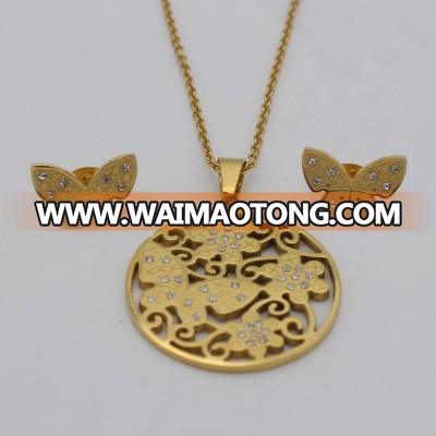 Latest design gold plated stainless steel butterfly jewelry set jewelry