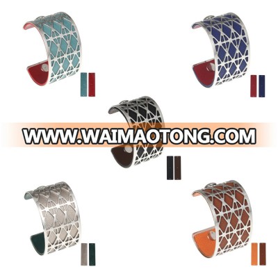 Ready Stock Reversible Multi-color PU Leather Stainless Steel Cuff Bangle Bracelet